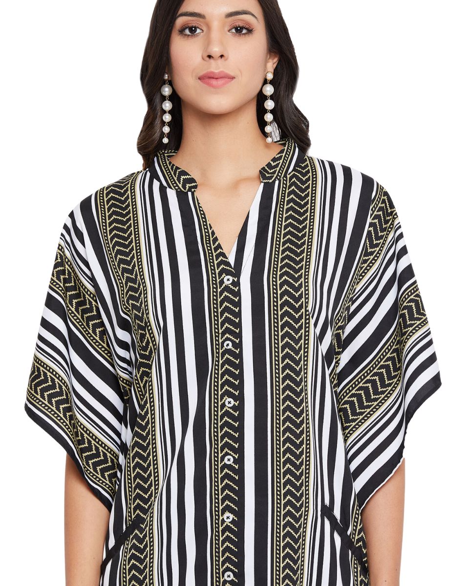 Stripe Printed Black Polyester Button Kaftan For Plus Size Women