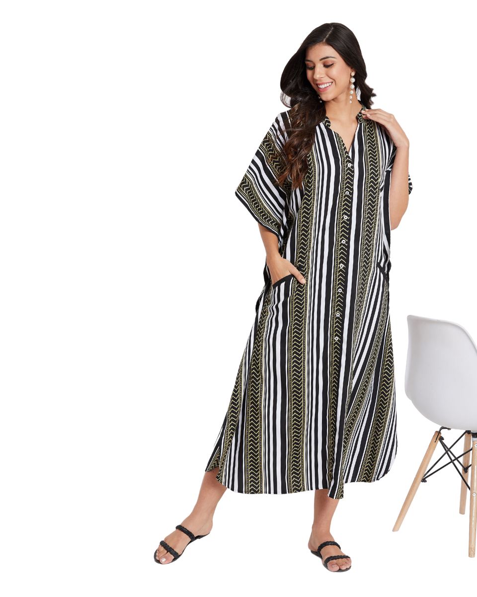 Stripe Printed Black Polyester Button Kaftan For Plus Size Women