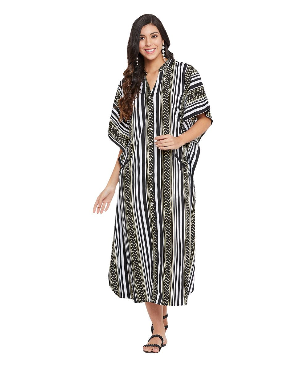 Stripe Printed Black Polyester Button Kaftan For Plus Size Women