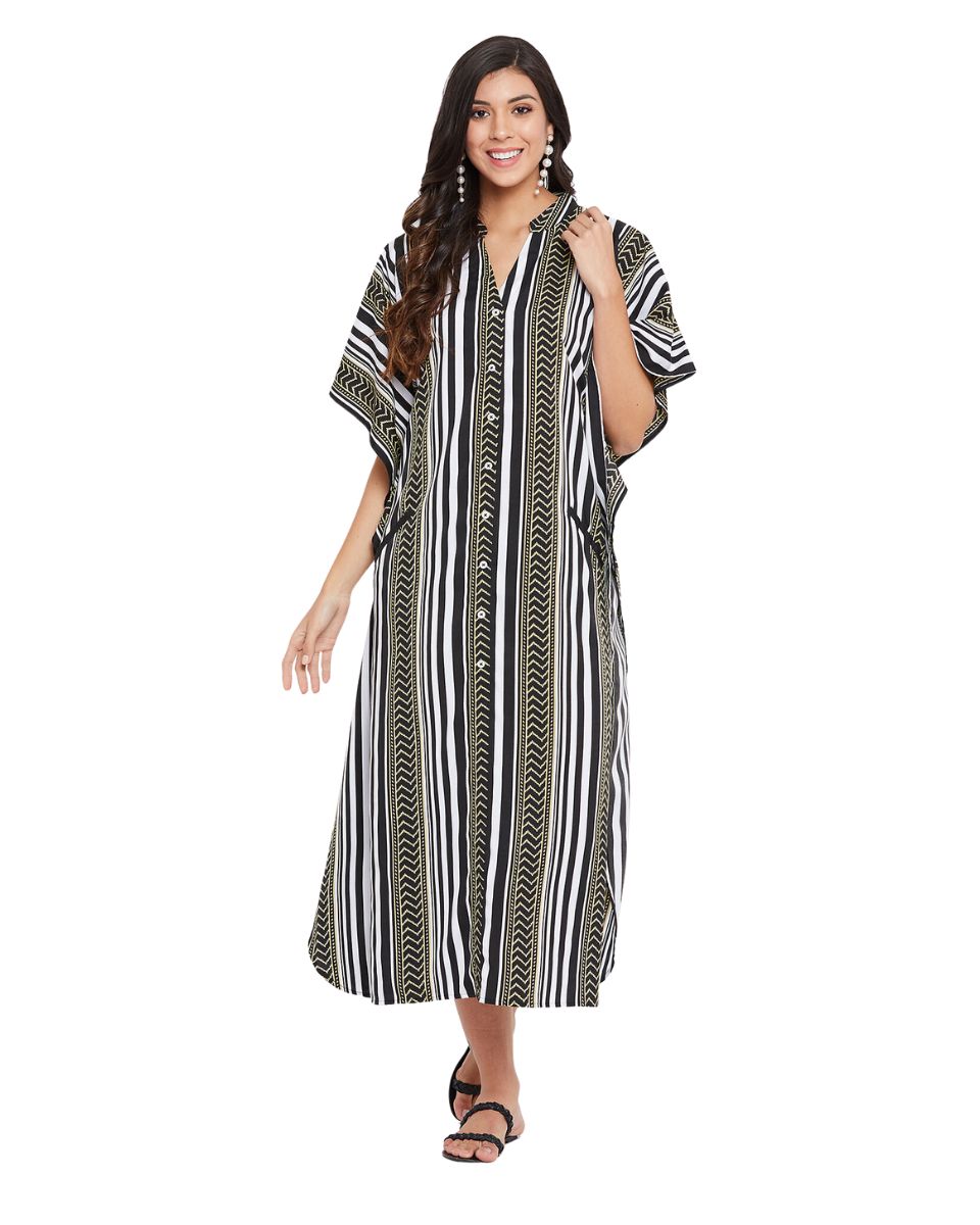 Stripe Printed Black Polyester Button Kaftan For Plus Size Women