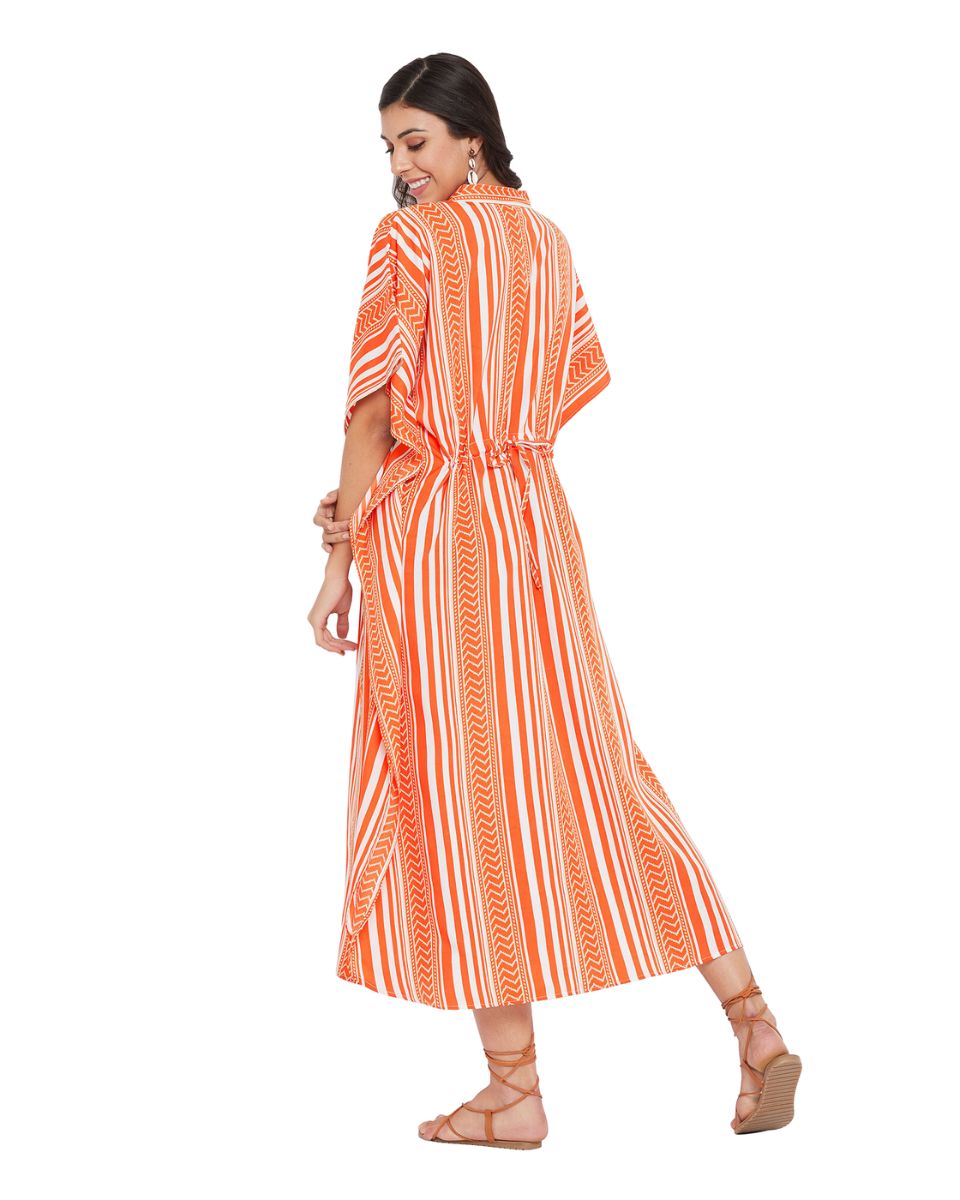 Stripe Print Brick Red Polyester Button Kaftan For Plus Size Women
