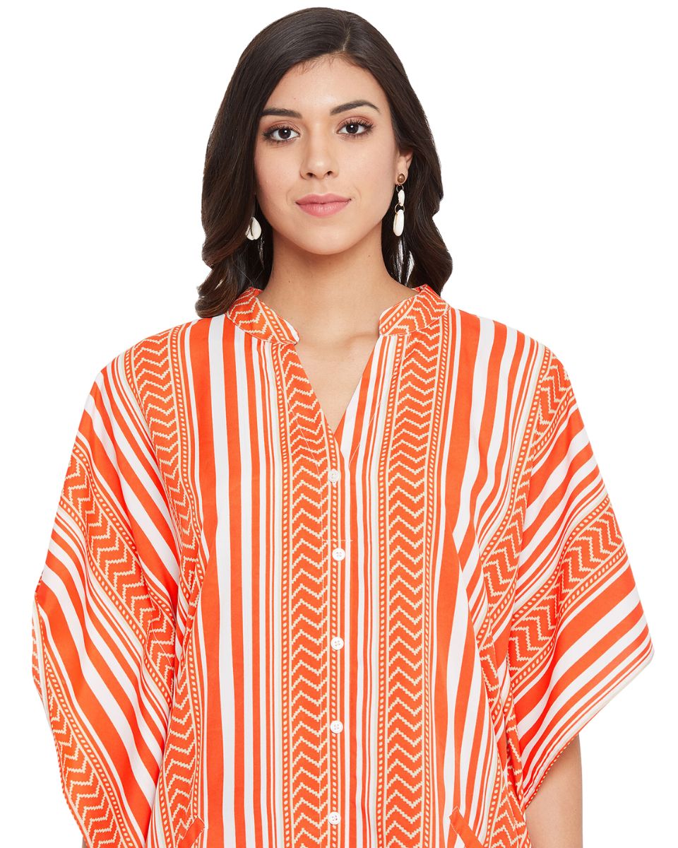 Stripe Print Brick Orange Polyester Button Kaftan For Plus Size Women