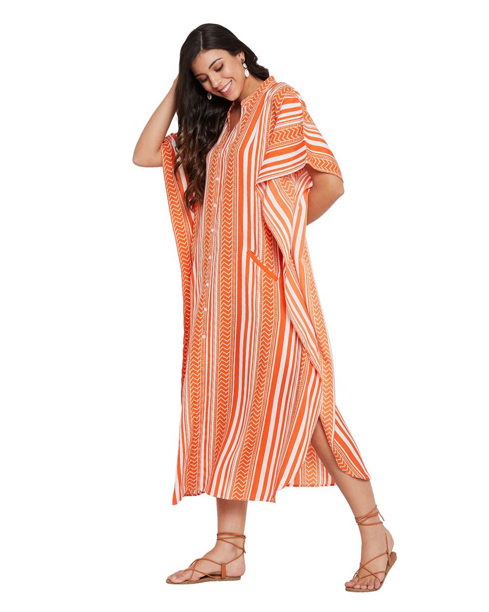 Stripe Print Brick Red Polyester Button Kaftan For Plus Size Women