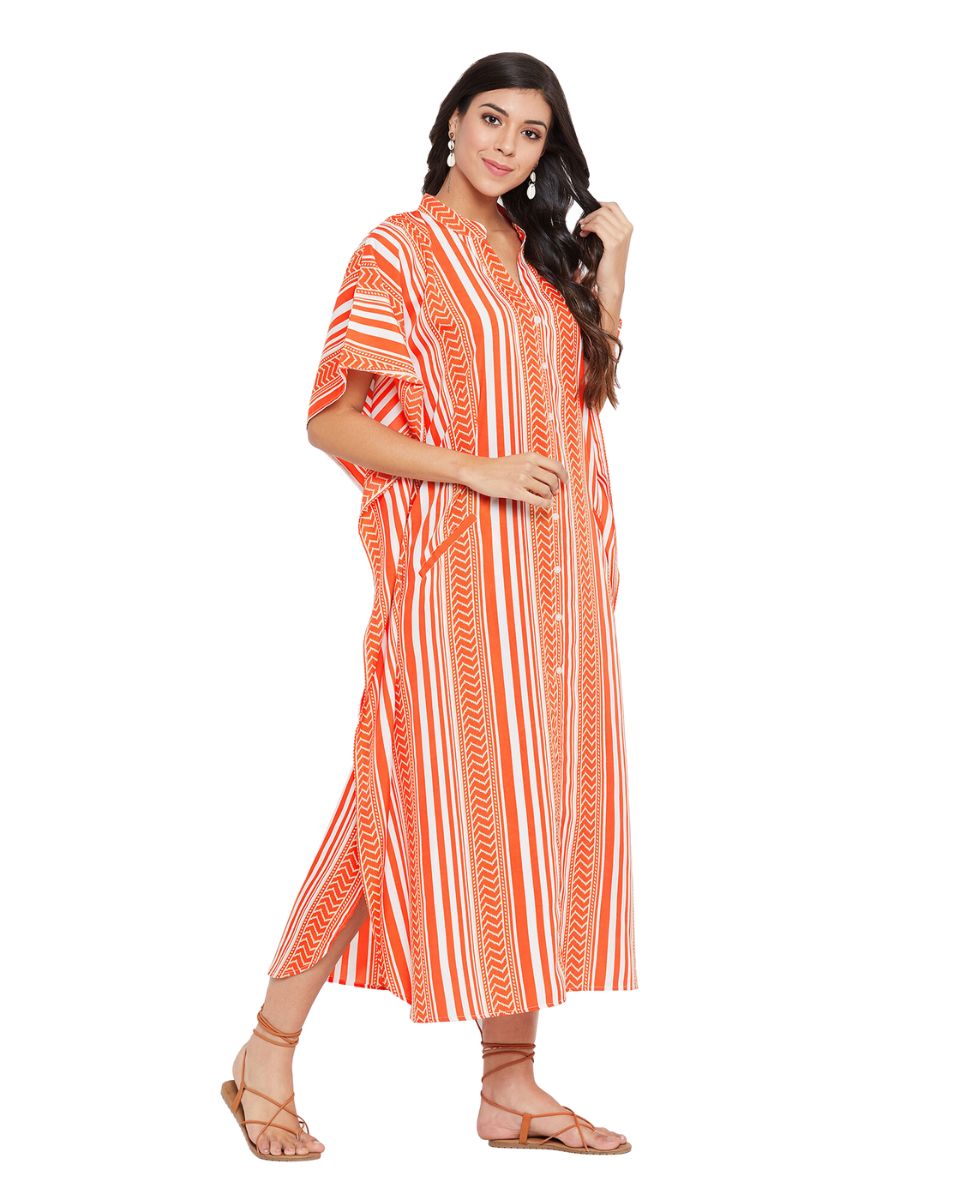 Stripe Print Brick Red Polyester Button Kaftan For Plus Size Women