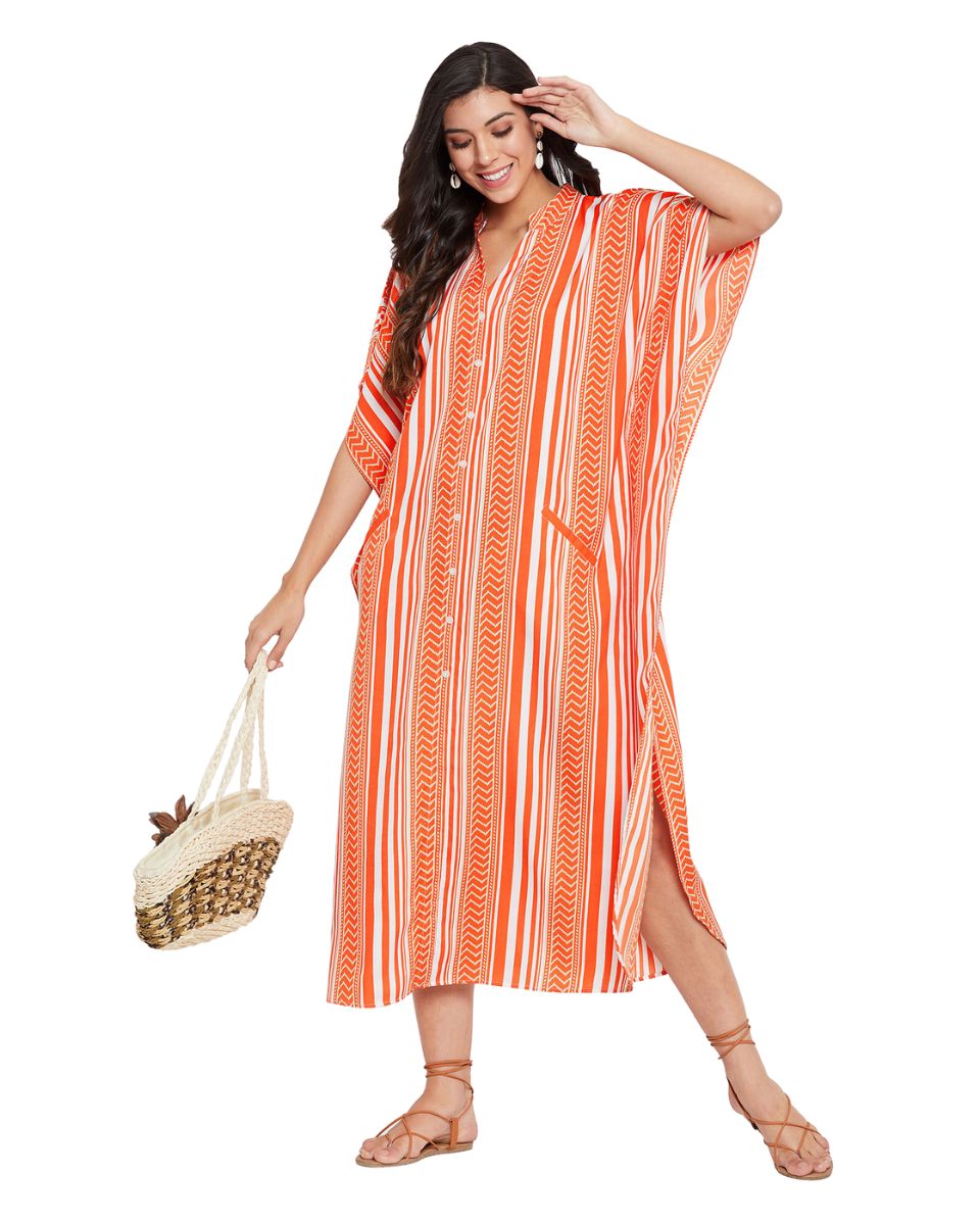 Stripe Print Brick Red Polyester Button Kaftan For Plus Size Women