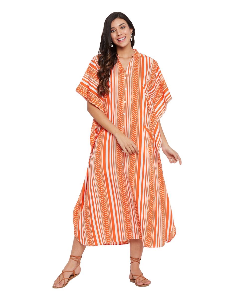 Stripe Print Brick Orange Polyester Button Kaftan For Plus Size Women