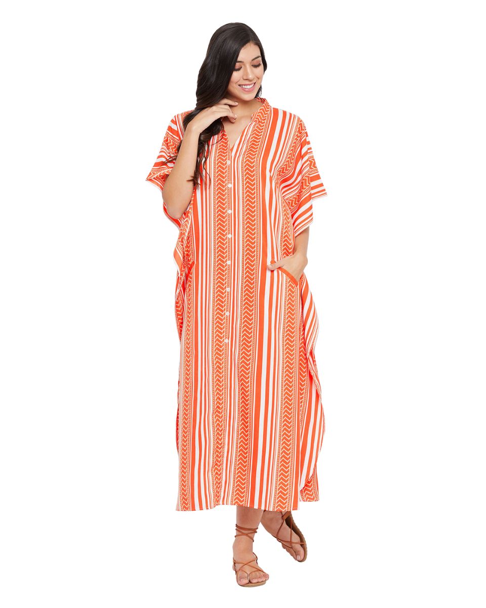Stripe Print Brick Red Polyester Button Kaftan For Plus Size Women