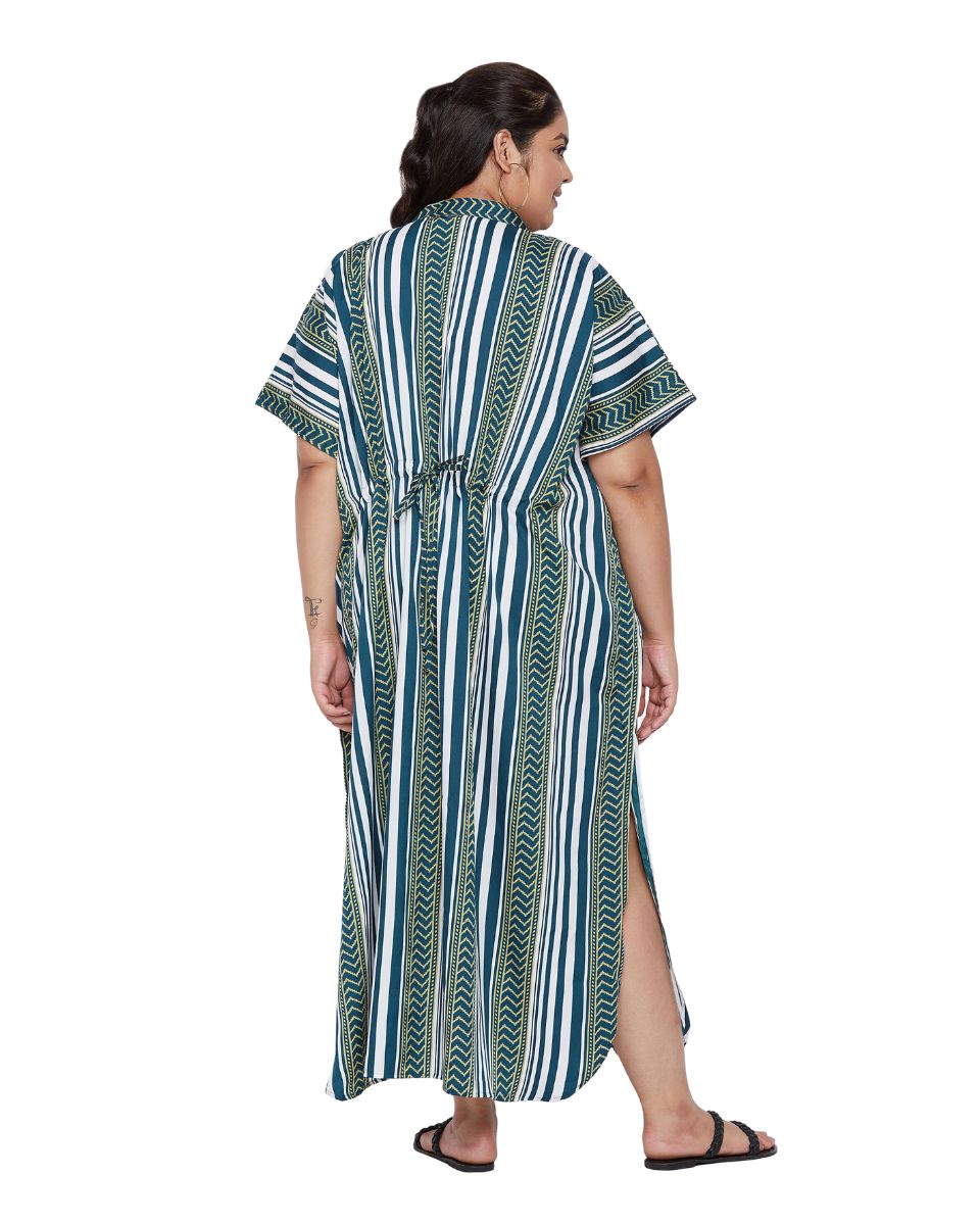 Printed Stripe Teal Polyester Button Kaftan For Plus Size Women