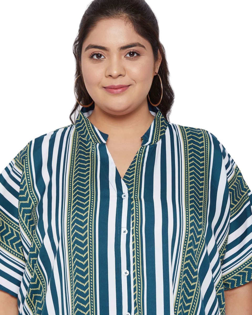 Printed Stripe Teal Polyester Button Kaftan For Plus Size Women