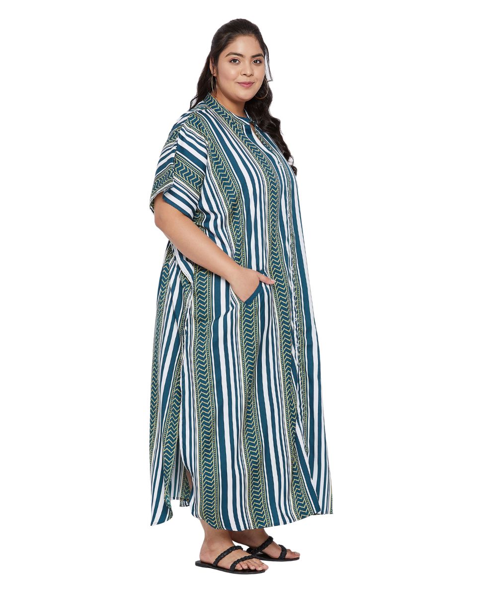 Printed Stripe Teal Polyester Button Kaftan For Plus Size Women