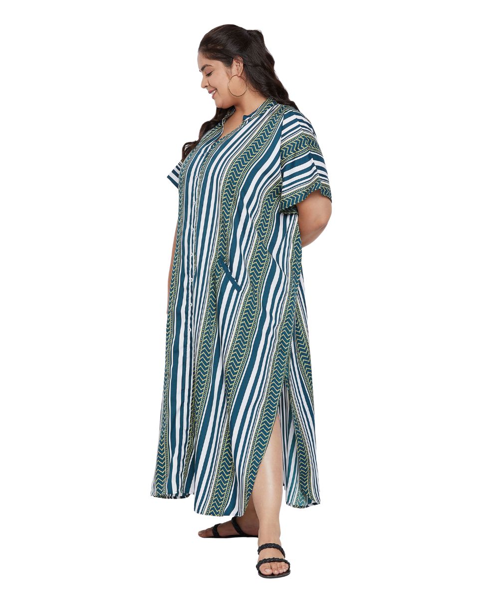 Printed Stripe Teal Polyester Button Kaftan For Plus Size Women