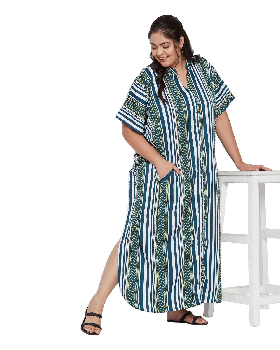 Printed Stripe Teal Polyester Button Kaftan For Plus Size Women