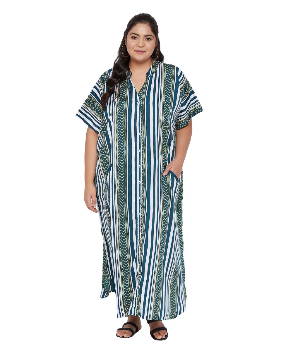 Printed Stripe Teal Polyester Button Kaftan For Plus Size Women