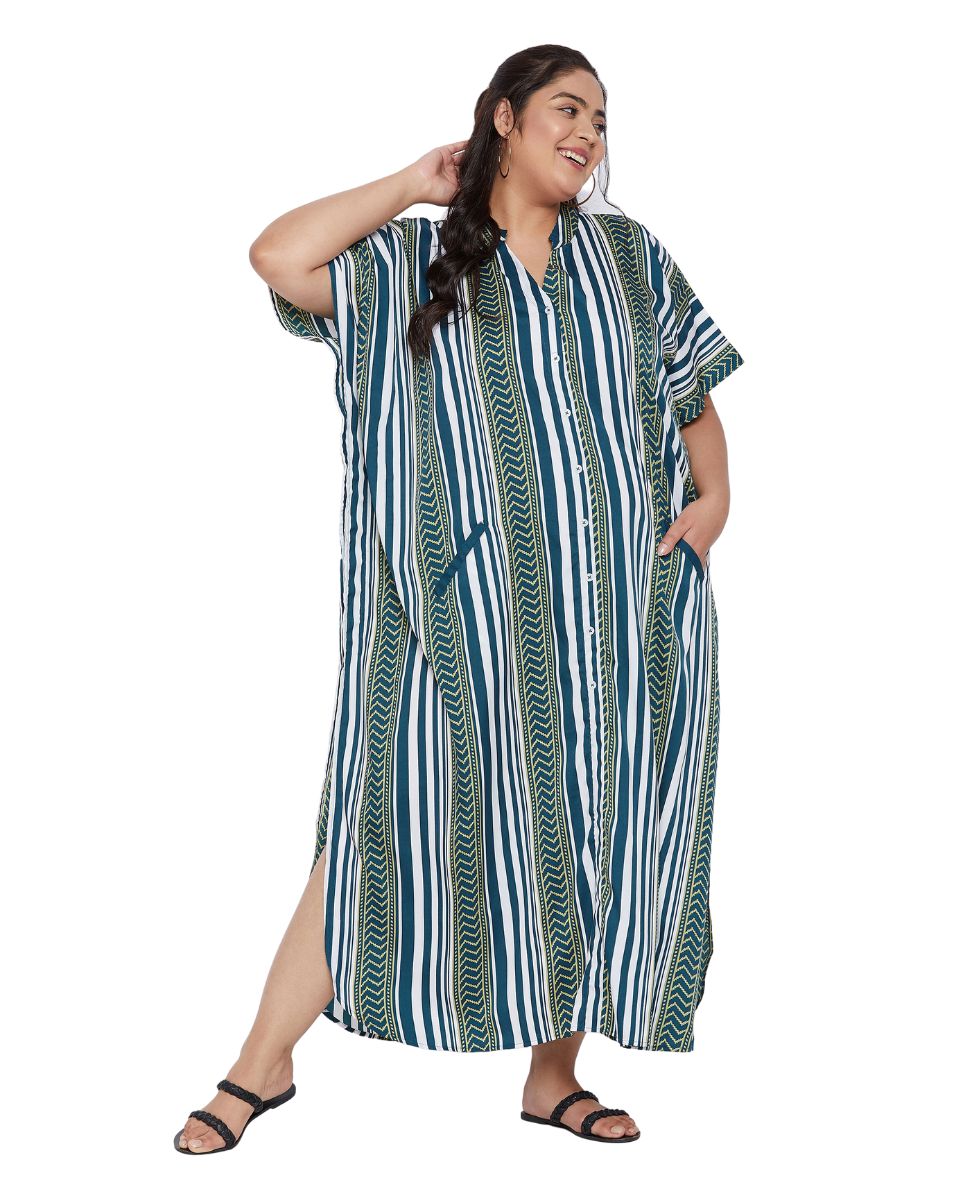 Printed Stripe Teal Polyester Button Kaftan For Plus Size Women
