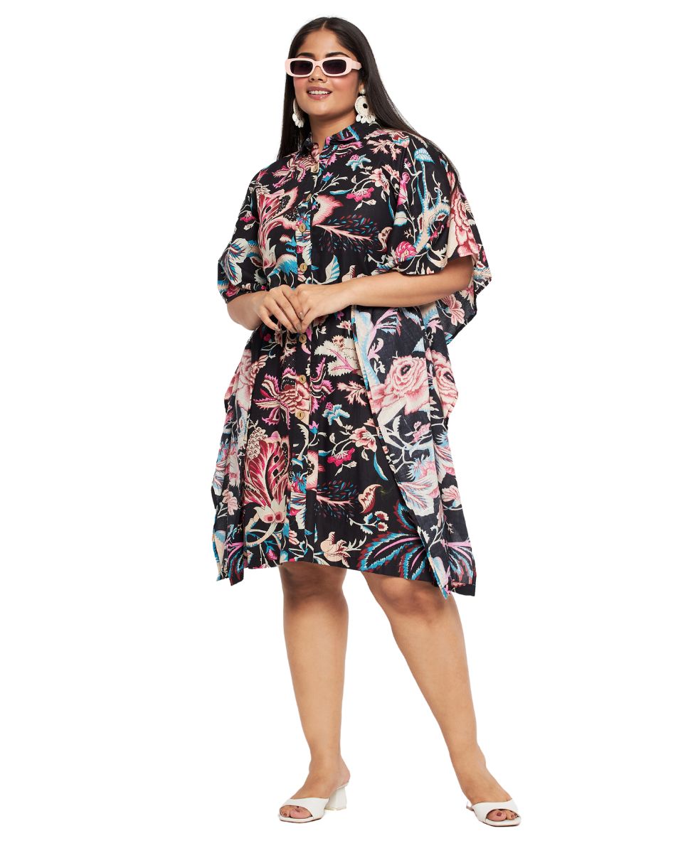 Floral Printed Multicolor Cotton Front Open Button Plus Size Tunic Top For Women