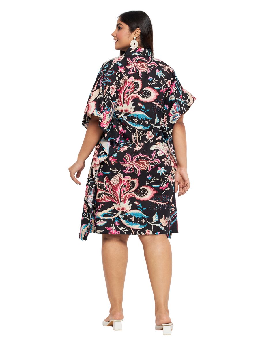Floral Printed Multicolor Cotton Front Open Button Plus Size Tunic Top For Women