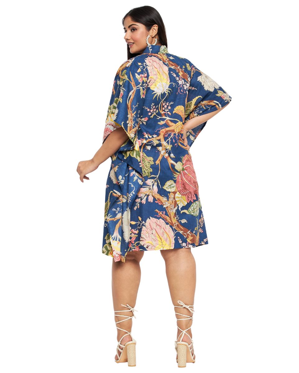 Floral Print Blue Cotton Collared Neck Front Button Tunic Top For Plus Size Women