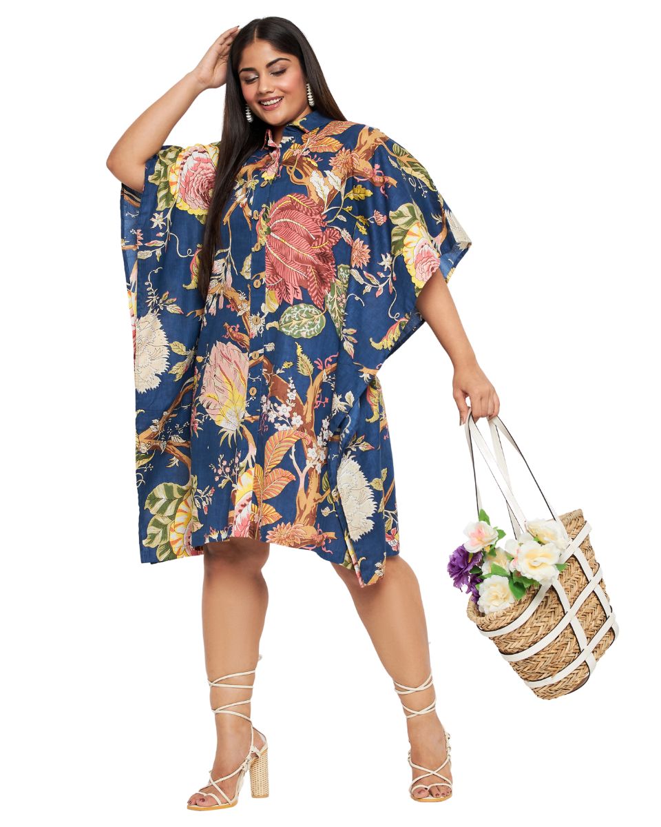 Floral Print Blue Cotton Collared Neck Front Button Tunic Top For Plus Size Women