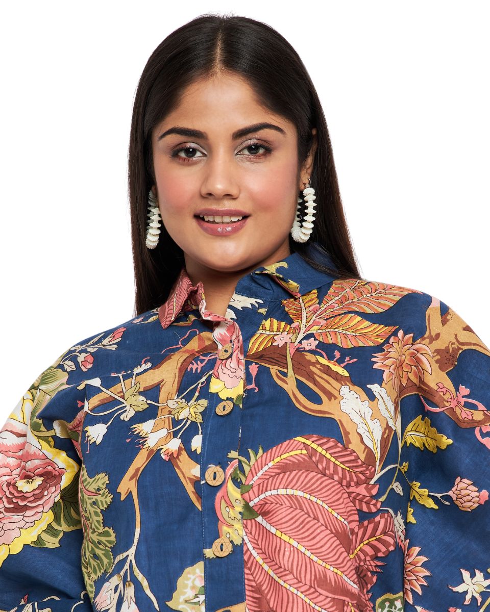 Floral Print Blue Cotton Collared Neck Front Button Tunic Top For Plus Size Women