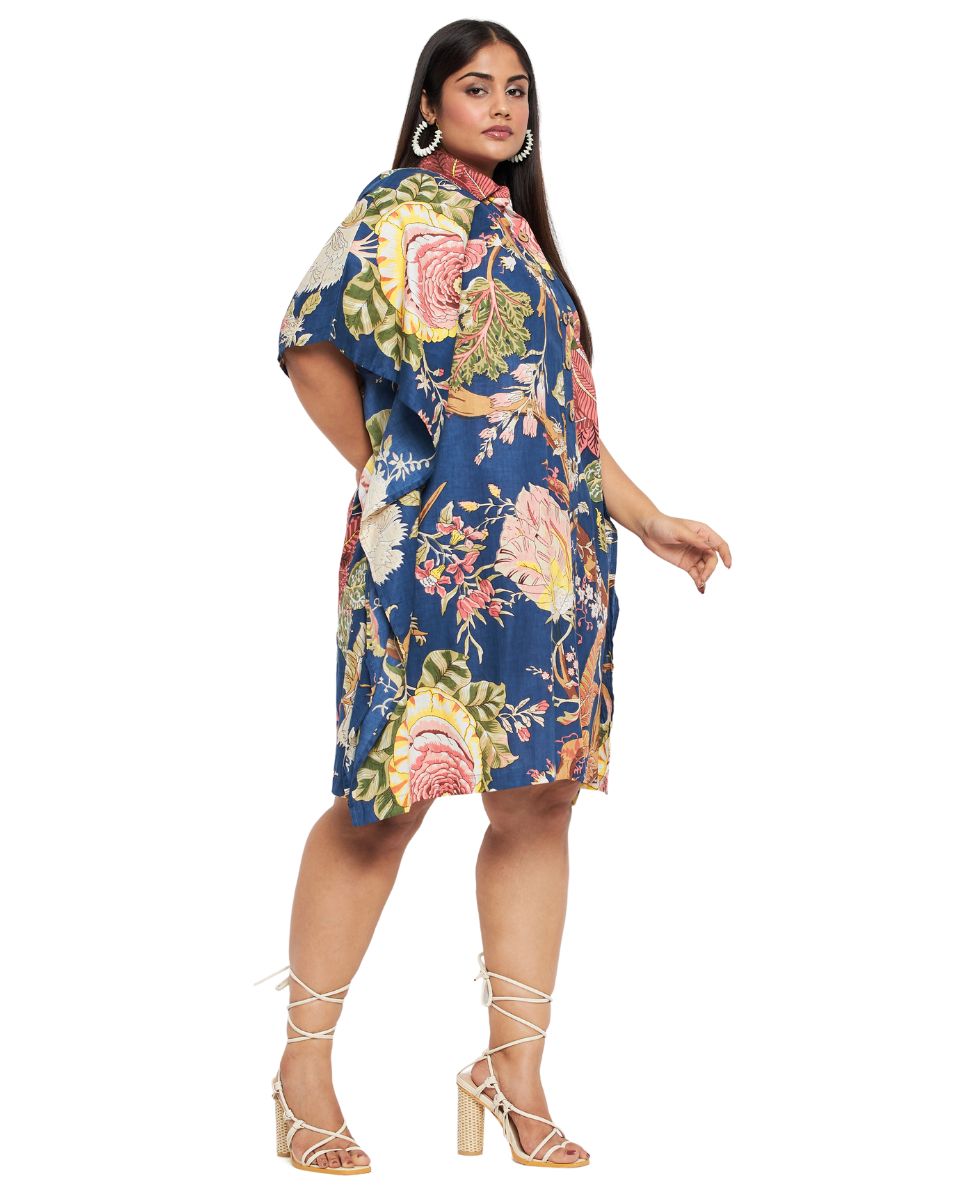 Floral Print Blue Cotton Collared Neck Front Button Tunic Top For Plus Size Women