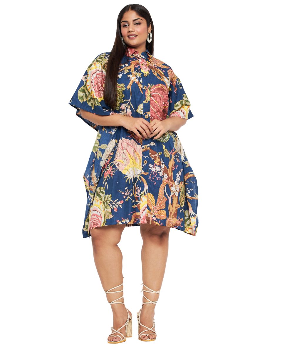Floral Print Blue Cotton Collared Neck Front Button Tunic Top For Plus Size Women