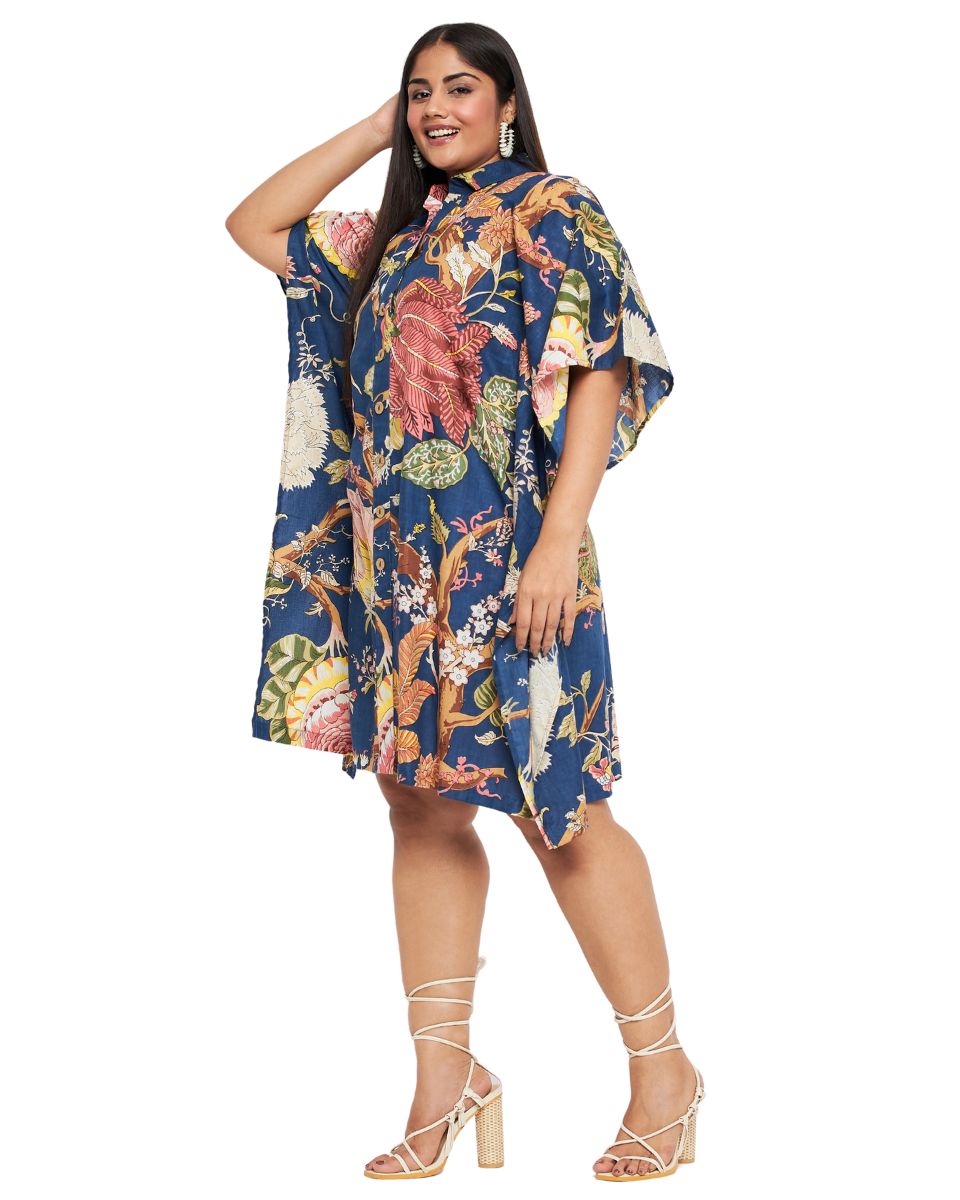 Floral Print Blue Cotton Collared Neck Front Button Tunic Top For Plus Size Women