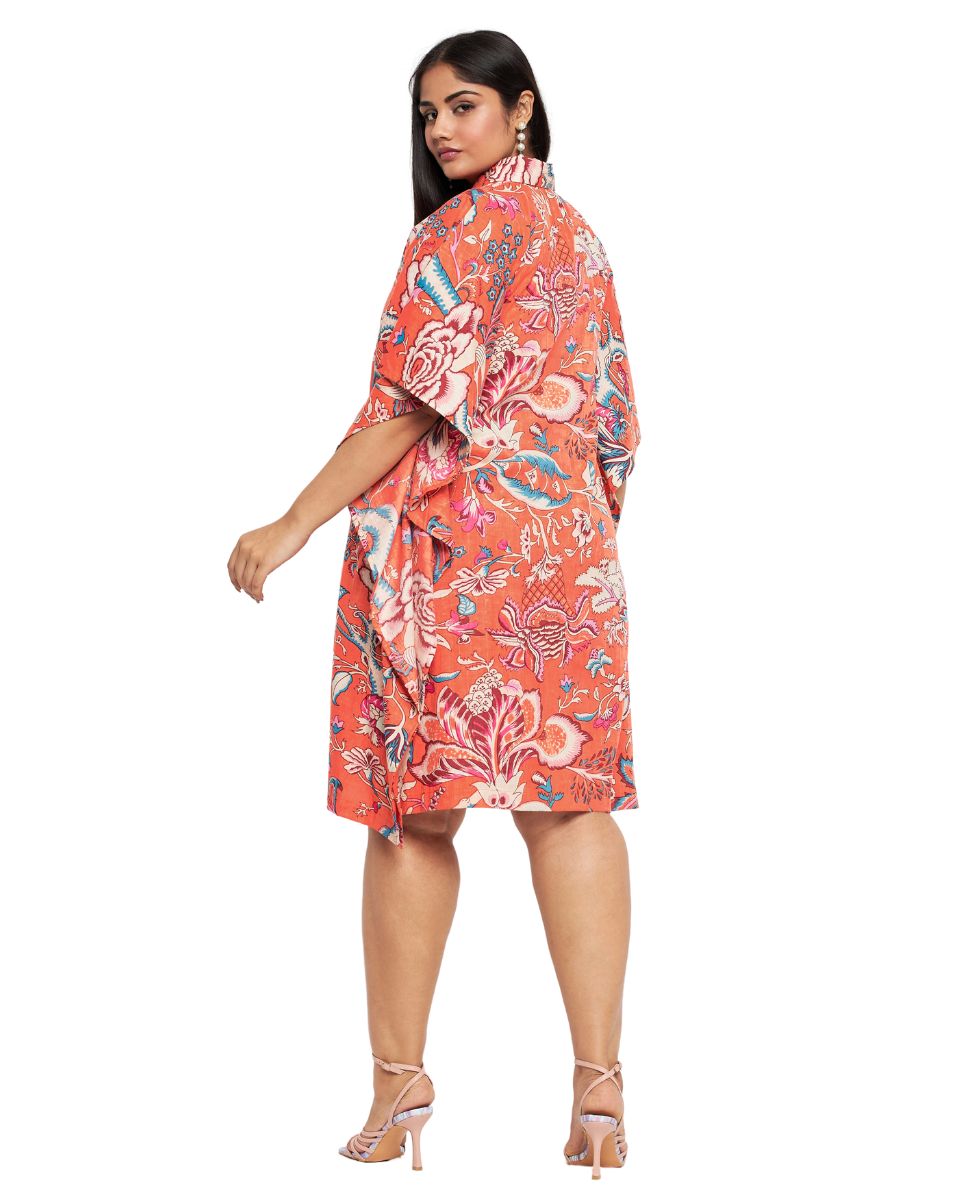 Floral Print Orange Cotton Front Button Plus Size Tunic Top For Women