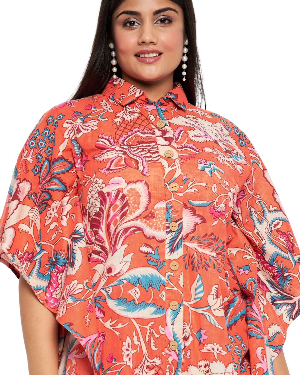 Floral Print Orange Cotton Front Button Plus Size Tunic Top For Women
