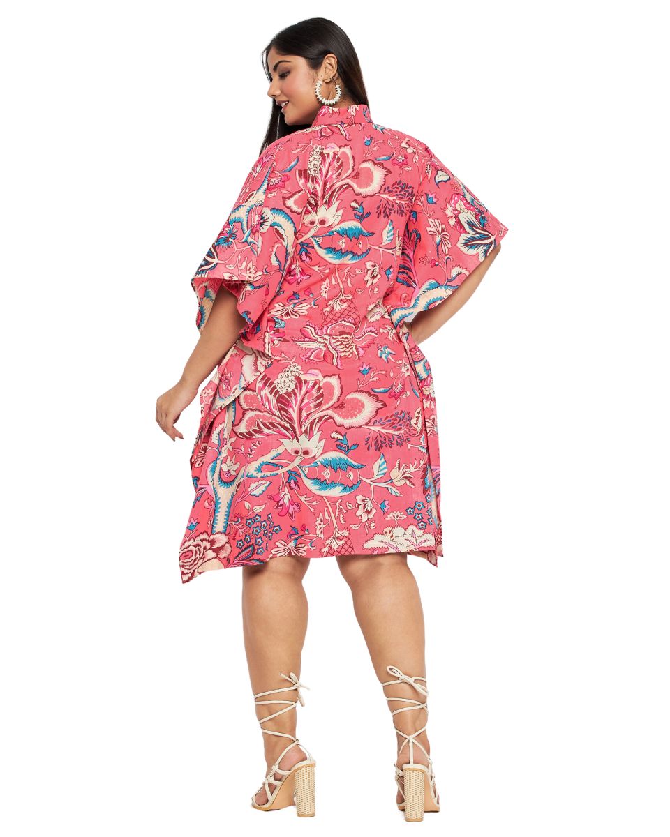 Floral Printed Rose Pink Cotton Open Button Tunic Plus Size Top For Women