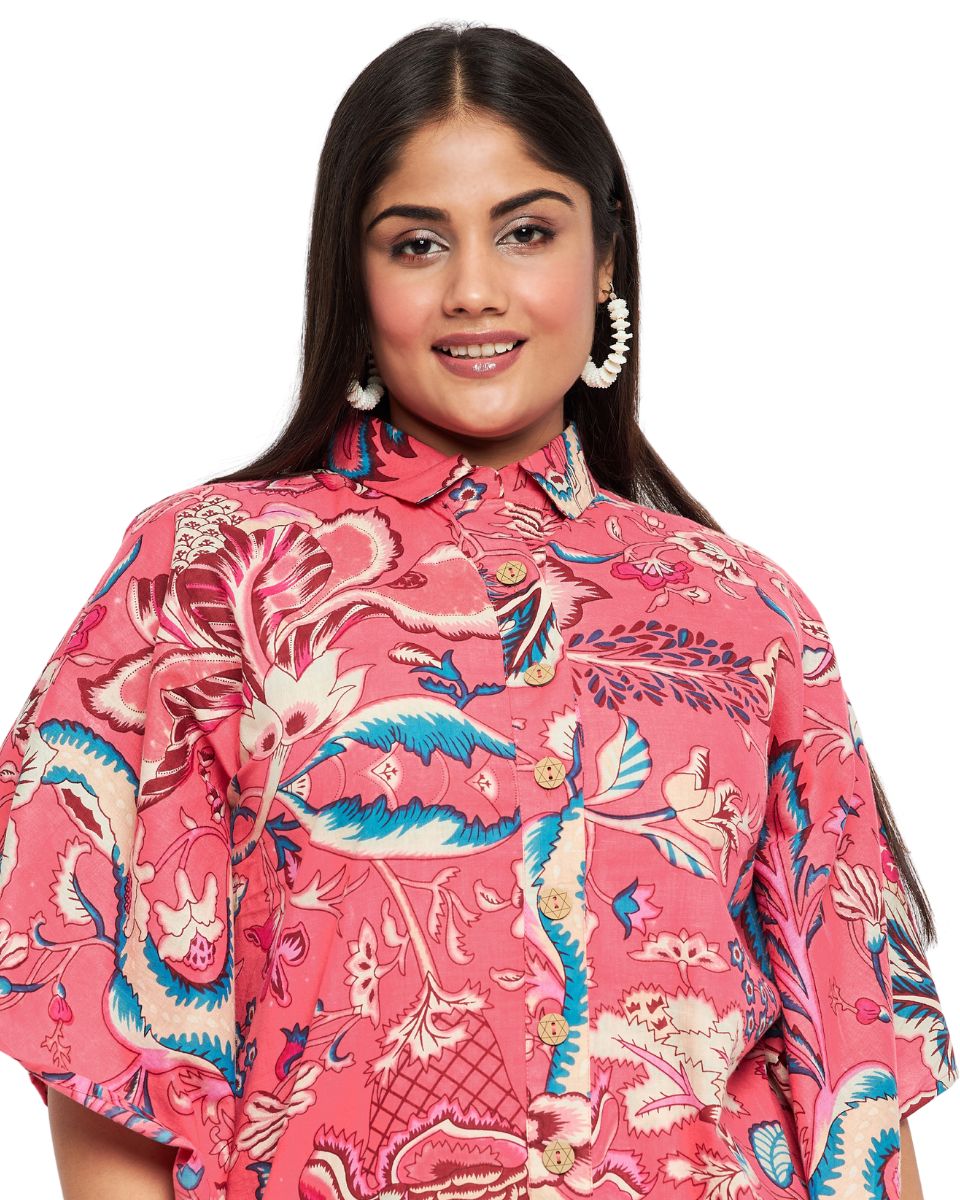Floral Printed Rose Pink Cotton Open Button Tunic Plus Size Top For Women