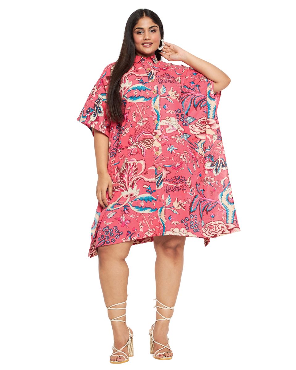 Floral Printed Rose Pink Cotton Open Button Tunic Plus Size Top For Women