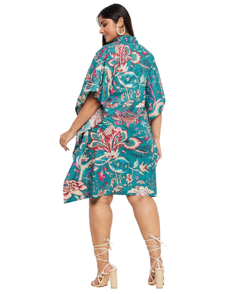 Floral Printed Turquoise Cotton Front Button Tunic For Plus Size Women