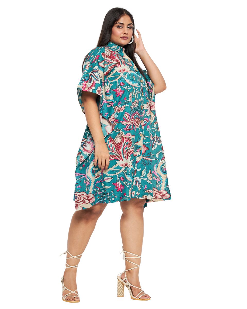 Floral Printed Turquoise Cotton Front Button Tunic For Plus Size Women