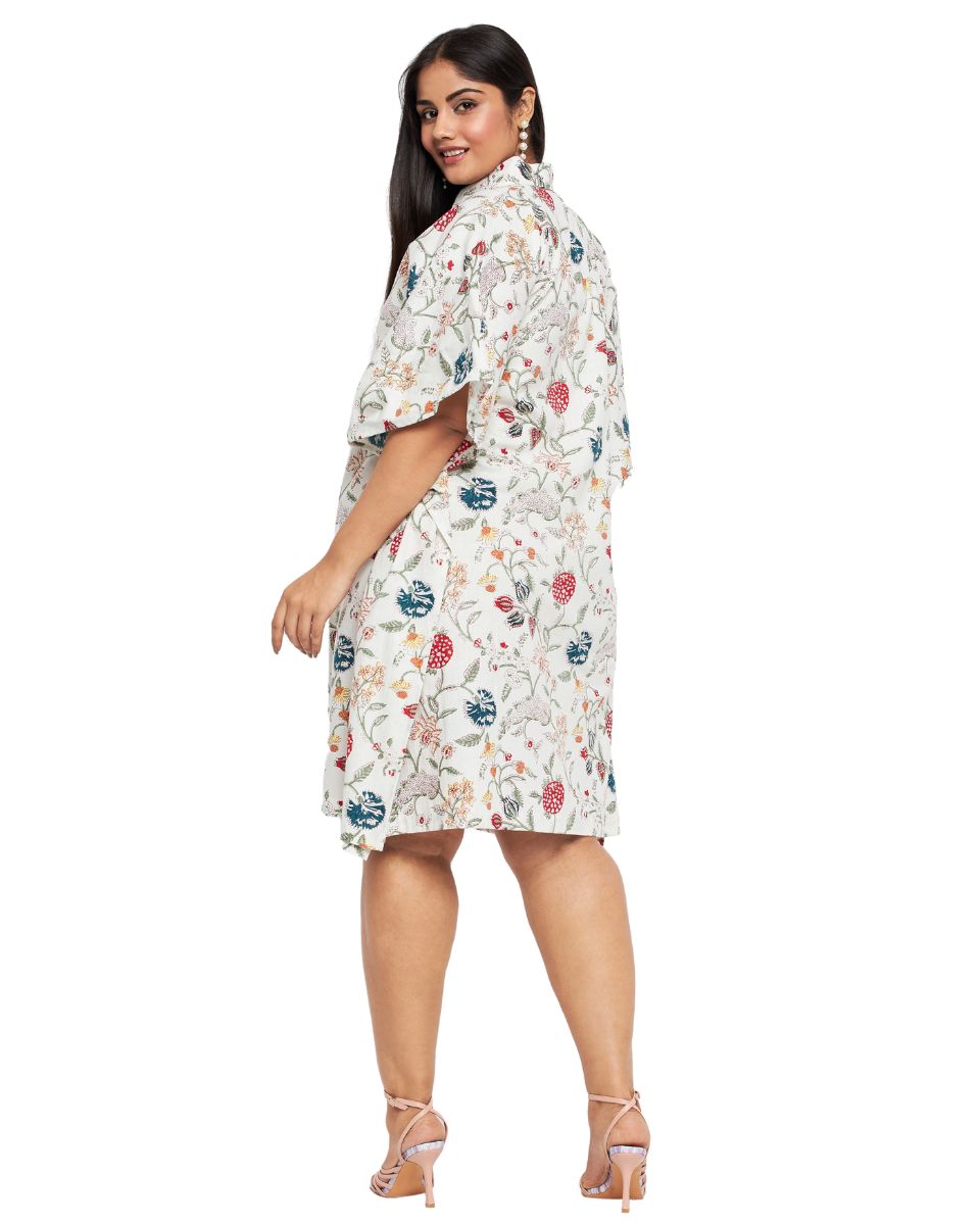 Floral Print White Cotton Front Open Button Plus Size Collared Neck Tunic For Women