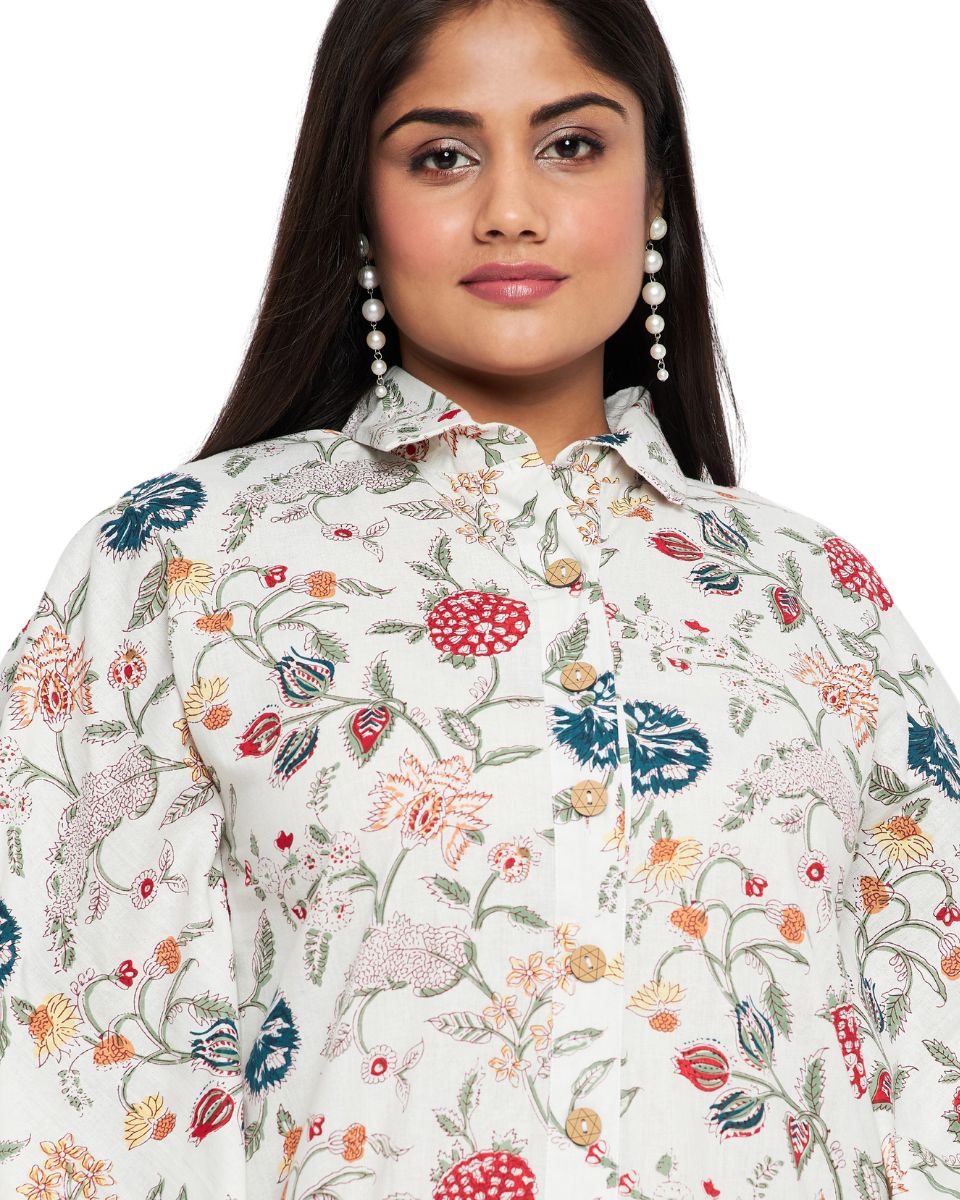 Floral Print White Cotton Front Open Button Plus Size Collared Neck Tunic For Women