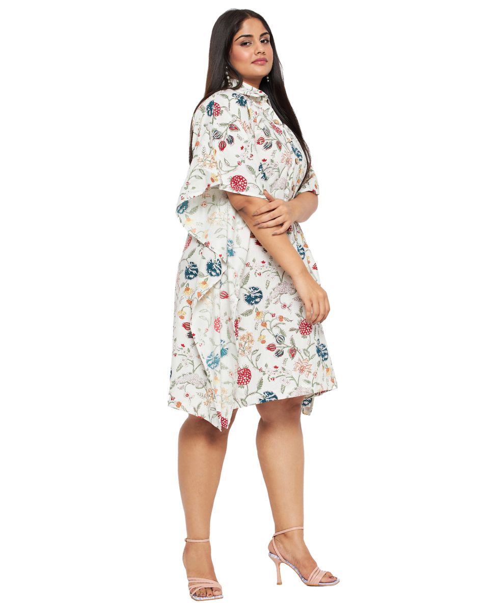 Floral Print White Cotton Front Open Button Plus Size Collared Neck Tunic For Women