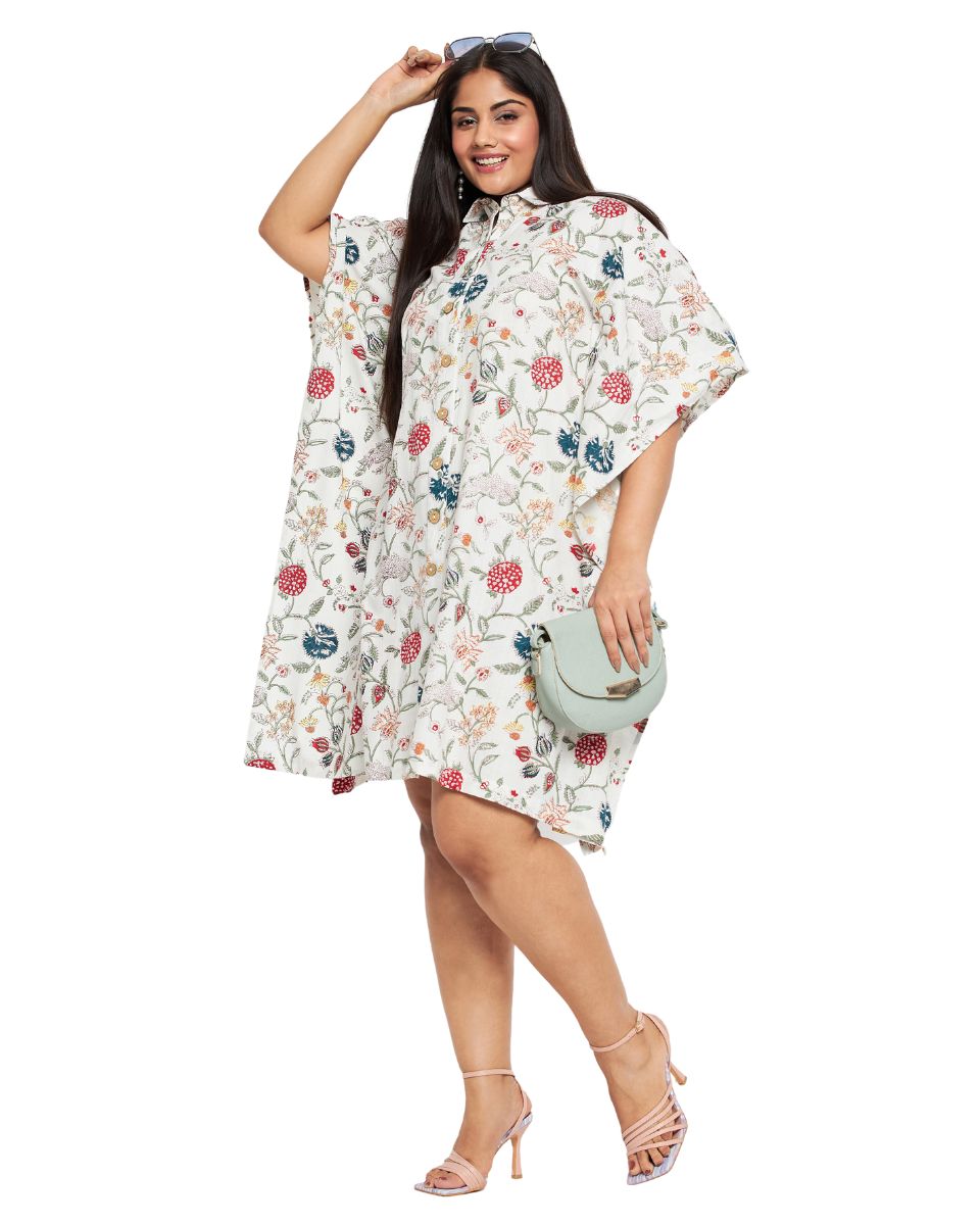 Floral Print White Cotton Front Open Button Plus Size Collared Neck Tunic For Women