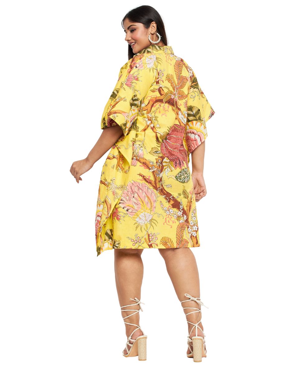 Floral Print Yellow Cotton Front Open Button Tunic For Plus Size Women