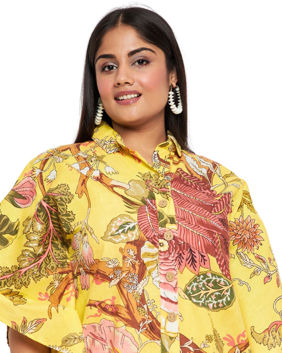 Floral Print Yellow Cotton Front Open Button Tunic For Plus Size Women