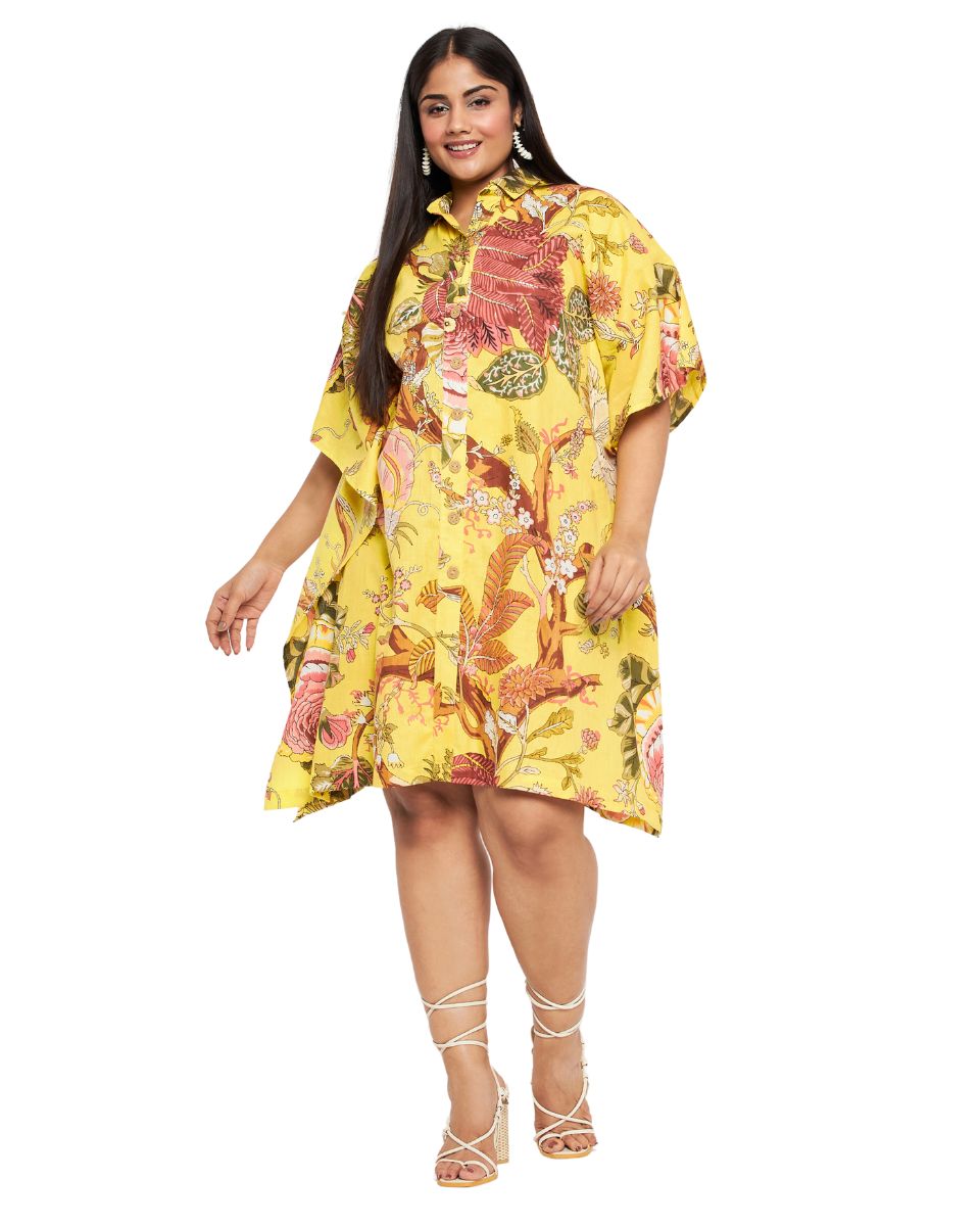 Floral Print Yellow Cotton Front Open Button Tunic For Plus Size Women