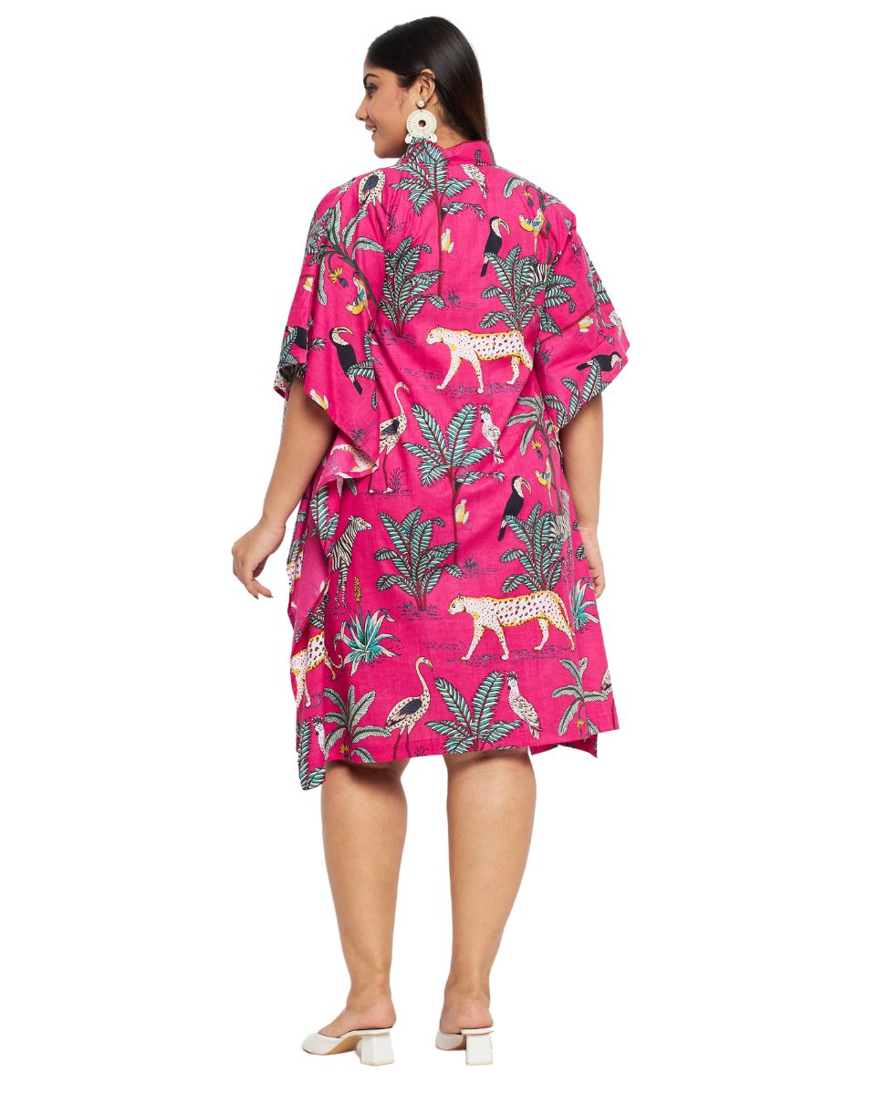 Open Button Tropical Print Pink Cotton Tunic For Plus Size Women