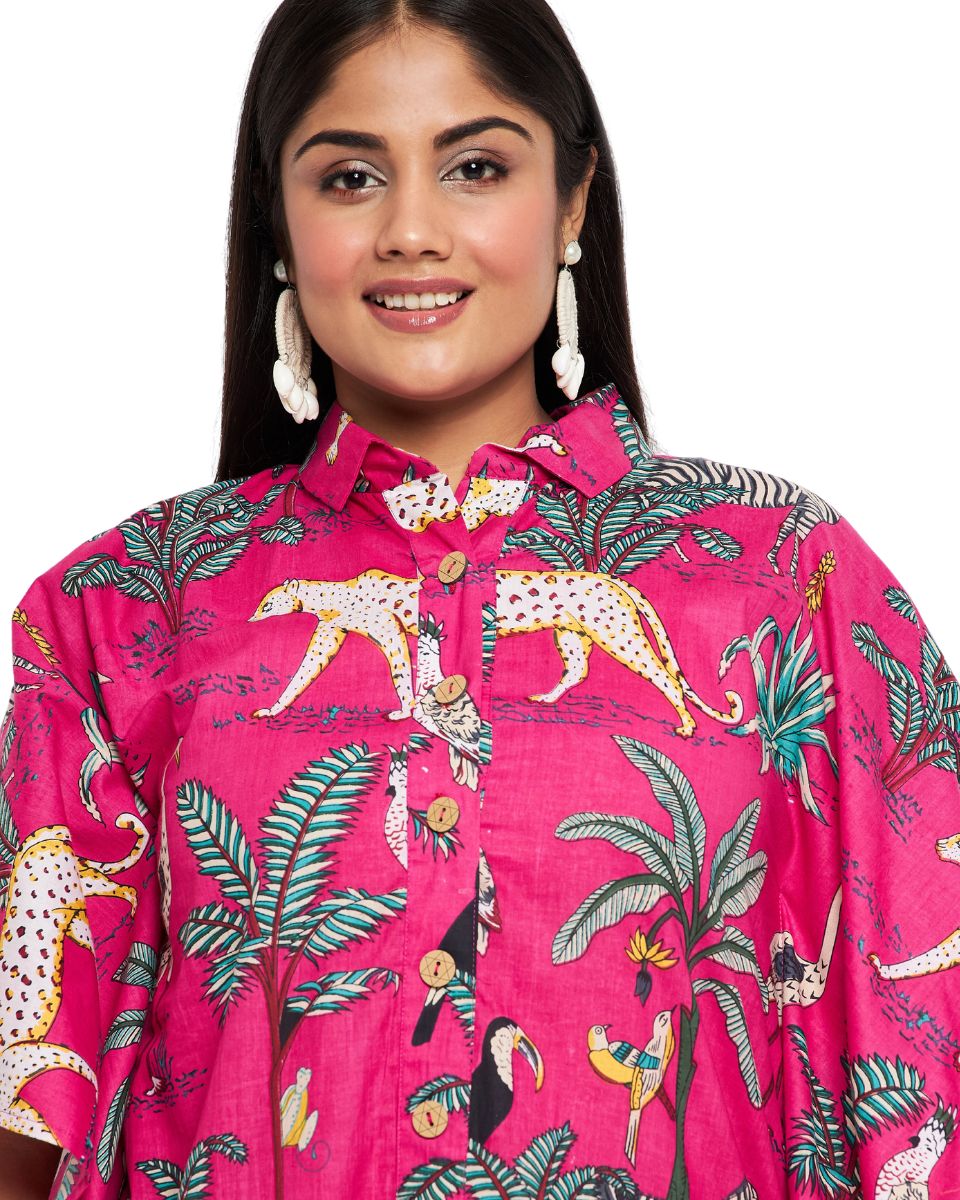 Open Button Tropical Print Pink Cotton Tunic For Plus Size Women