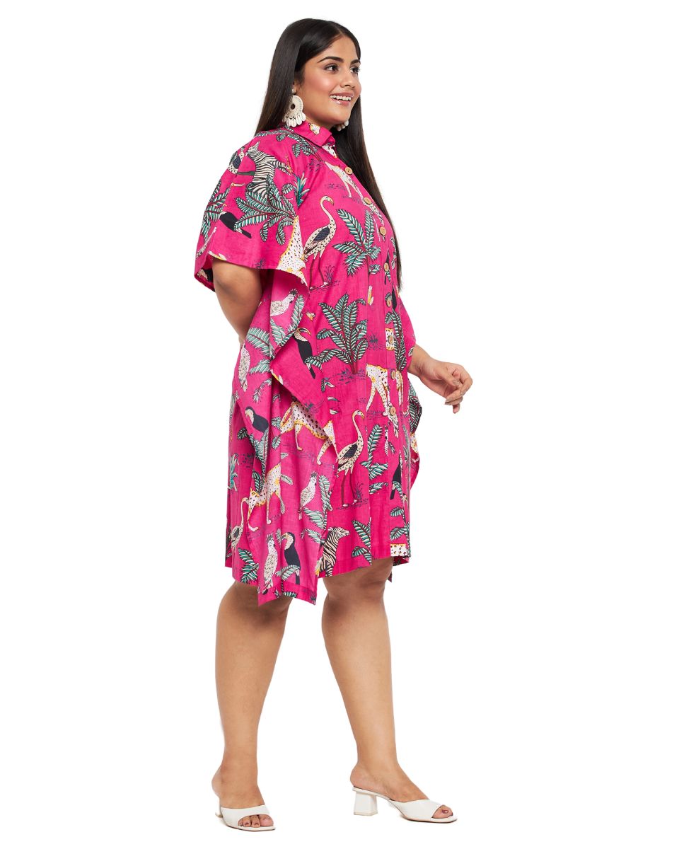 Open Button Tropical Print Pink Cotton Tunic For Plus Size Women