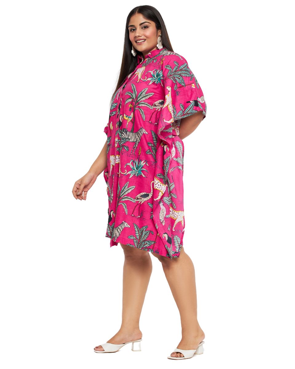 Open Button Tropical Print Pink Cotton Tunic For Plus Size Women