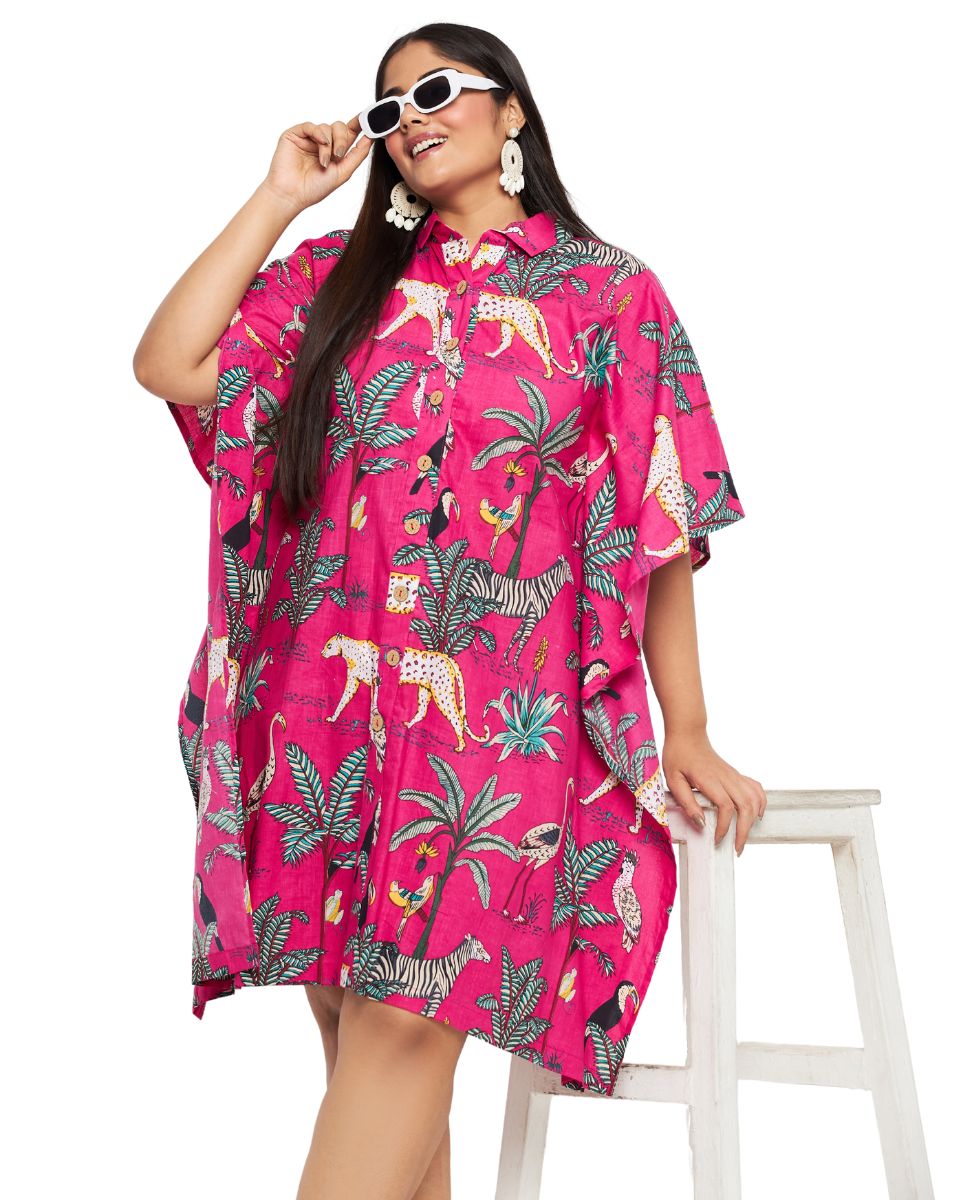 Open Button Tropical Print Pink Cotton Tunic For Plus Size Women