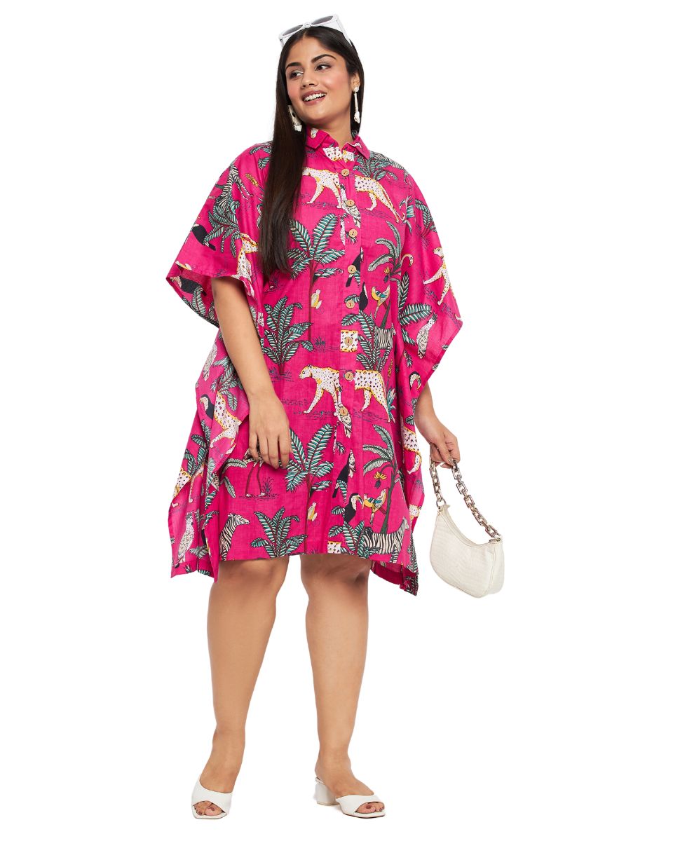Open Button Tropical Print Pink Cotton Tunic For Plus Size Women