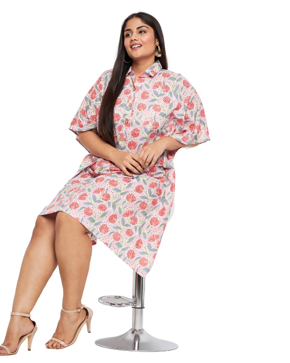 Floral Printed Baby Pink Plus Size Cotton Tunic Top For Women