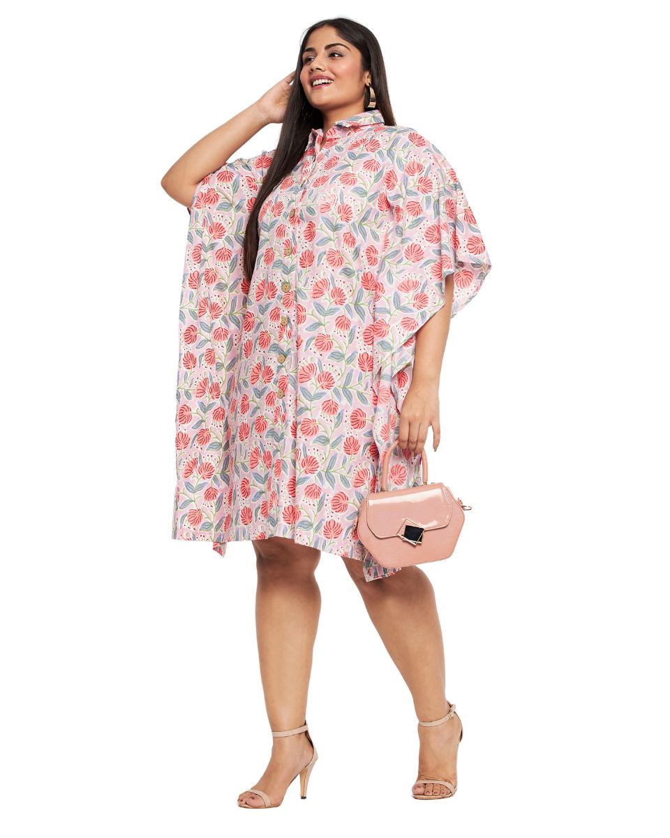 Floral Printed Baby Pink Plus Size Cotton Tunic Top For Women