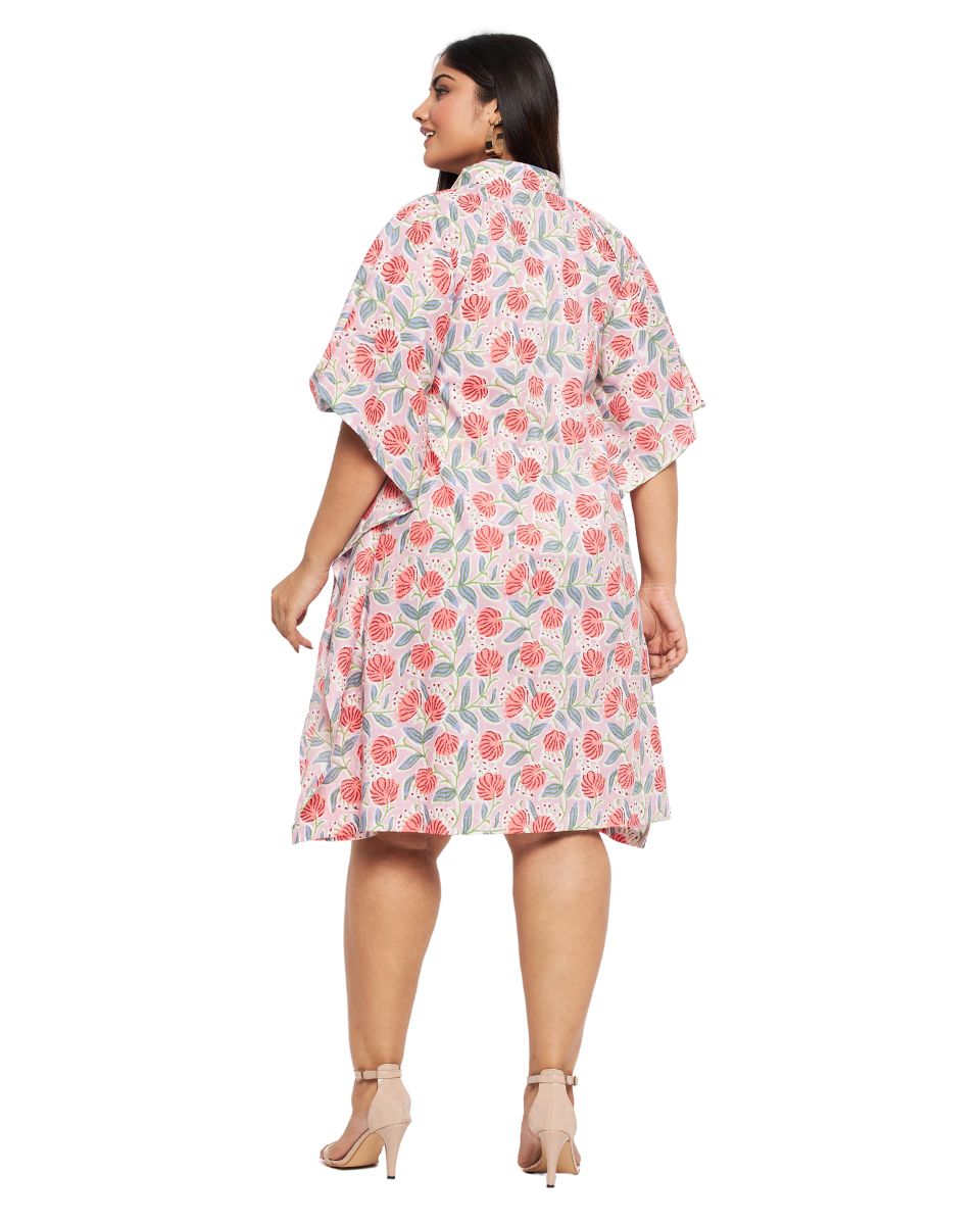 Floral Printed Baby Pink Plus Size Cotton Tunic Top For Women