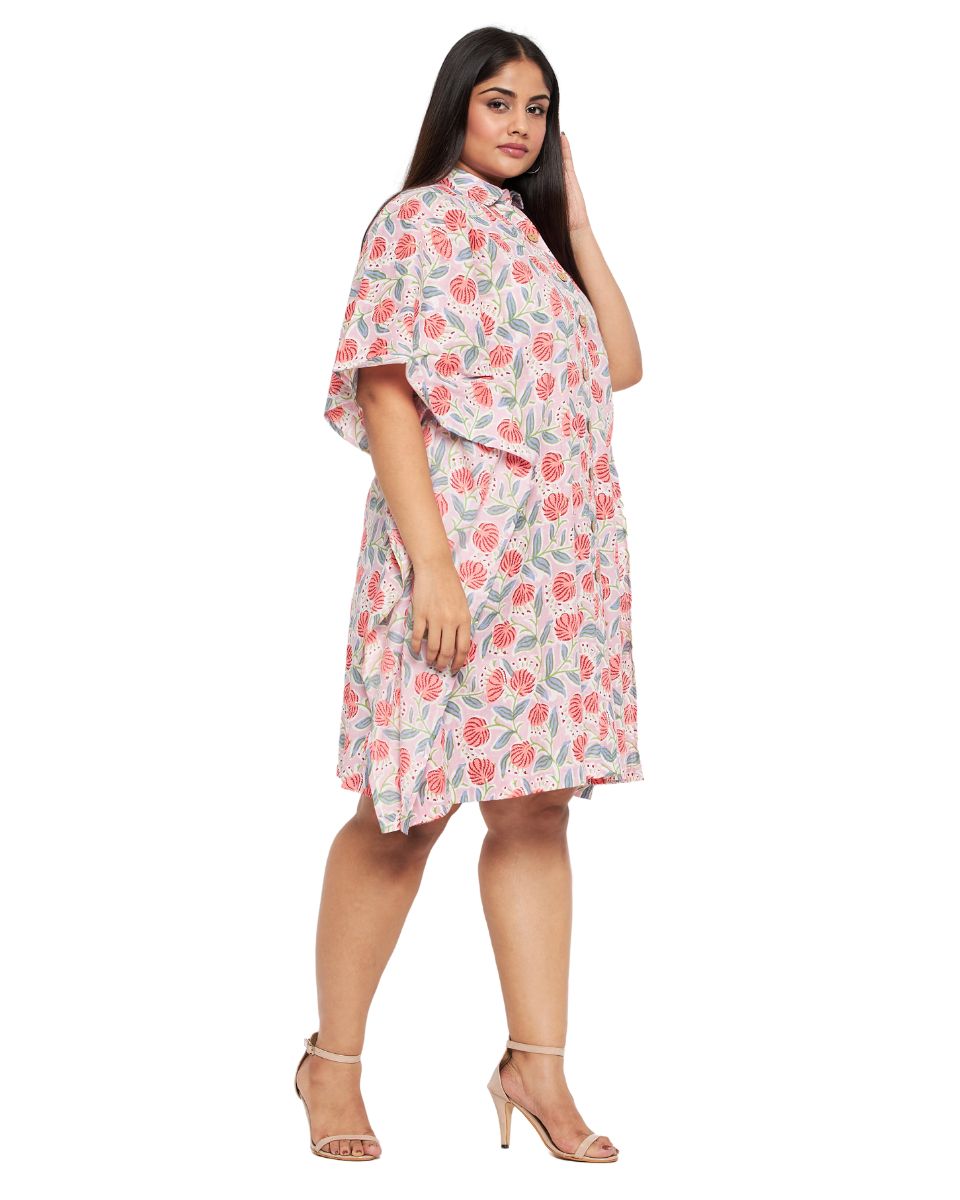 Floral Printed Baby Pink Plus Size Cotton Tunic Top For Women